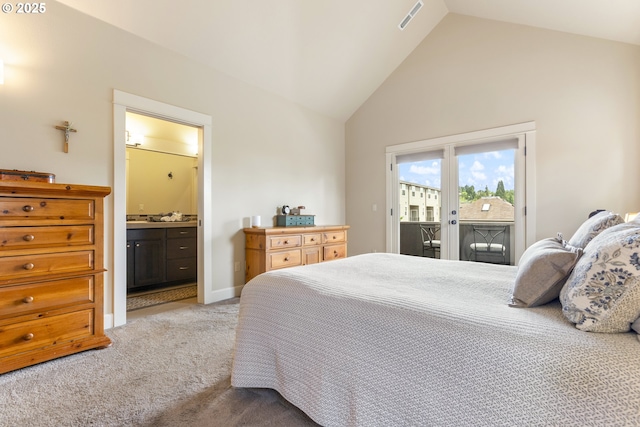 16033 SW 2nd St, Sherwood, OR 97140 - bedroom featuring access to exterior, carpet floors, ensuite bath, and high vaulted ceiling