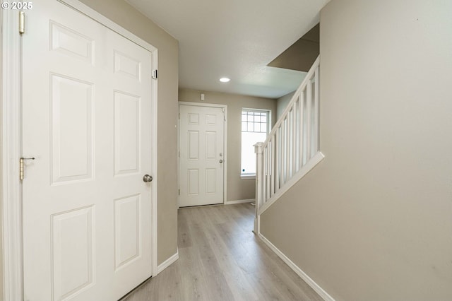 13924 NE 7th Ct, Vancouver, WA 98685 - foyer featuring baseboards, light wood-type flooring, recessed lighting, and stairway