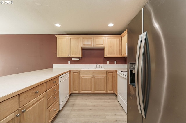 13924 NE 7th Ct, Vancouver, WA 98685 - kitchen featuring white appliances, light brown cabinets, a sink, light wood-style floors, and recessed lighting