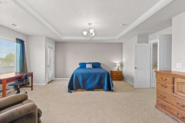 1845 S 15th Ct, Ridgefield, WA 98642 - bedroom with a chandelier, a textured ceiling, light colored carpet, baseboards, and a raised ceiling