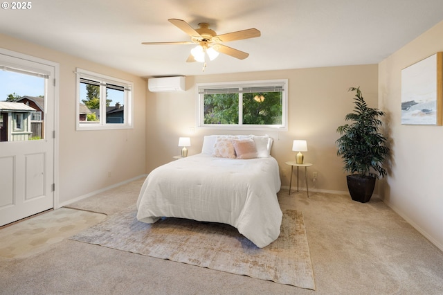 bedroom featuring a wall mounted air conditioner, carpet floors, and multiple windows