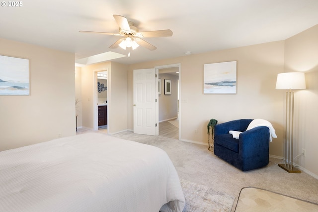 bedroom featuring light colored carpet, ceiling fan, and baseboards