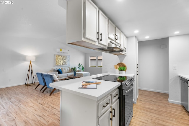 kitchen featuring white cabinetry, stainless steel dishwasher, black electric range, and light hardwood / wood-style flooring