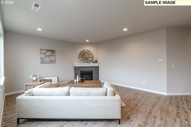 living room featuring light hardwood / wood-style flooring and a fireplace