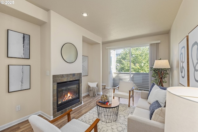 living room with a fireplace, baseboards, and wood finished floors