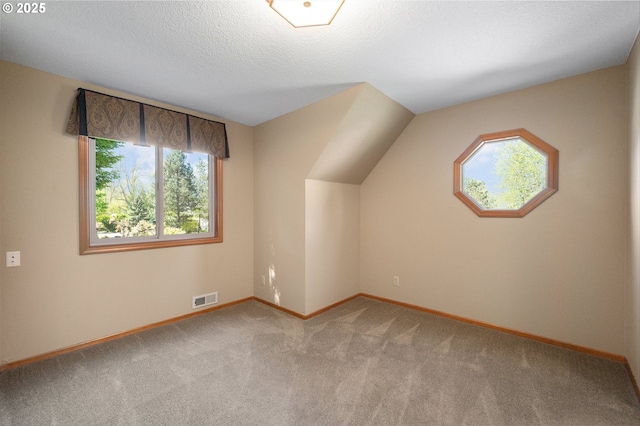 bonus room featuring carpet floors, baseboards, a textured ceiling, and visible vents