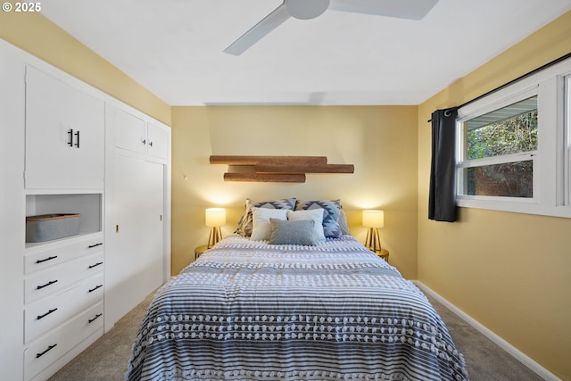 bedroom with ceiling fan and carpet