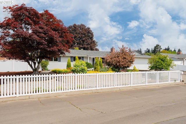 view of front of house with a fenced front yard and a chimney