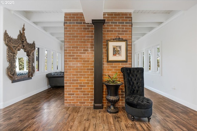 details with beamed ceiling, baseboards, and wood finished floors