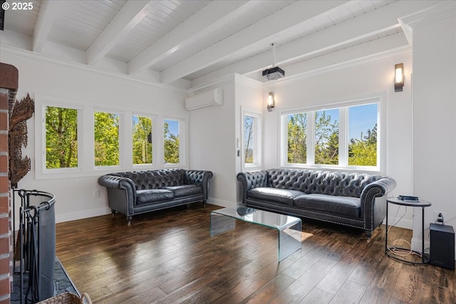 living area featuring an AC wall unit, beamed ceiling, baseboards, and hardwood / wood-style floors