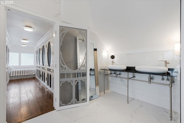 bathroom featuring a sink and crown molding