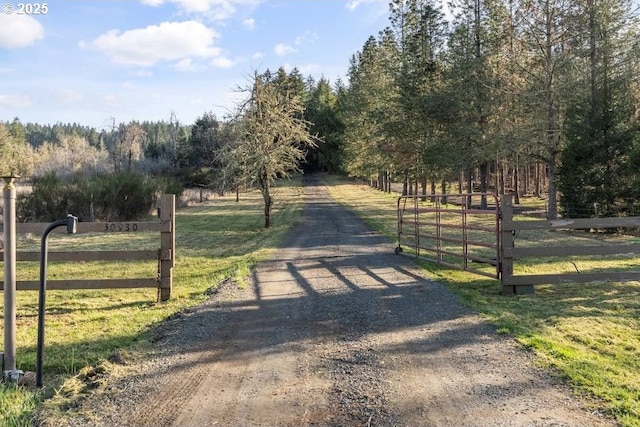 view of street with driveway, a rural view, a gate, and a gated entry