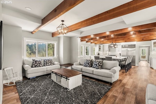 living room featuring an inviting chandelier, beam ceiling, and hardwood / wood-style floors