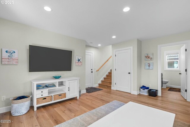 2150 NW Inlet Ave, Lincoln City, OR 97367 - living area featuring recessed lighting, baseboards, stairway, and light wood-style floors