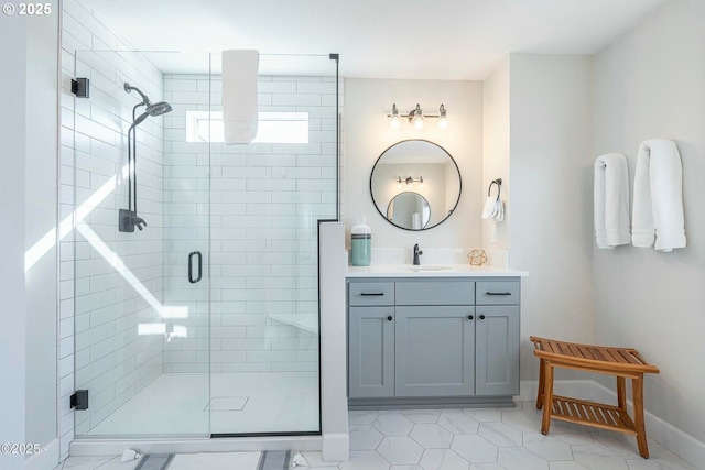 2150 NW Inlet Ave, Lincoln City, OR 97367 - full bath with tile patterned floors, baseboards, a stall shower, and vanity