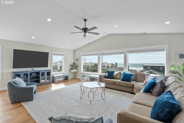2150 NW Inlet Ave, Lincoln City, OR 97367 - living room with recessed lighting, lofted ceiling, wood finished floors, and ceiling fan