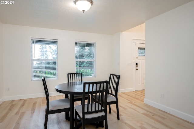 dining space with light hardwood / wood-style floors