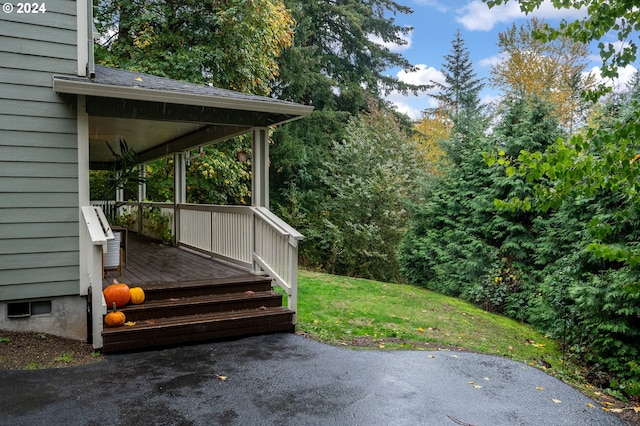 view of yard with a wooden deck, ceiling fan, and a patio area