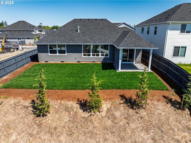 1303 S 46th Pl, Ridgefield, WA 98642 - back of property with a shingled roof, crawl space, and a patio area