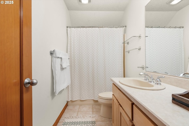 3715 SW Marquam Hill Rd, Portland, OR 97239 - full bathroom featuring vanity, tile patterned flooring, vaulted ceiling, toilet, and a shower with shower curtain