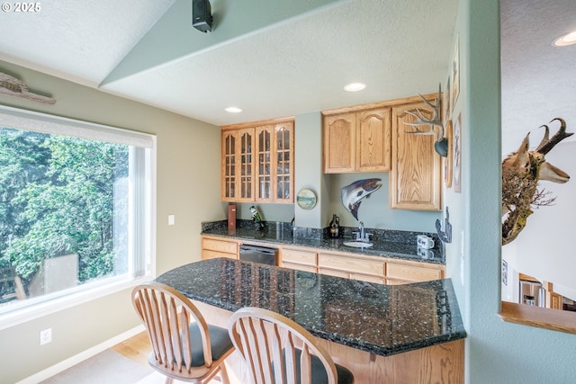 37676 Kathleen Ct, Lebanon, OR 97355 - kitchen featuring light brown cabinets, recessed lighting, a sink, a textured ceiling, and stainless steel dishwasher