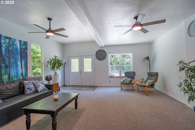 42810 NE 244th Ave, Amboy, WA 98601 - carpeted living area featuring ceiling fan, a textured ceiling, baseboards, and beamed ceiling