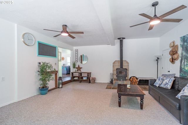42810 NE 244th Ave, Amboy, WA 98601 - living area featuring a ceiling fan, a wood stove, and carpet floors