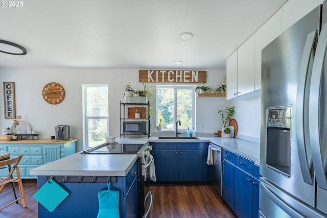42810 NE 244th Ave, Amboy, WA 98601 - kitchen with stainless steel appliances, a sink, blue cabinetry, and dark wood-type flooring
