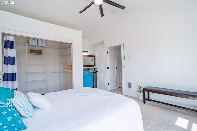 42810 NE 244th Ave, Amboy, WA 98601 - bedroom featuring vaulted ceiling, a closet, light colored carpet, and ceiling fan