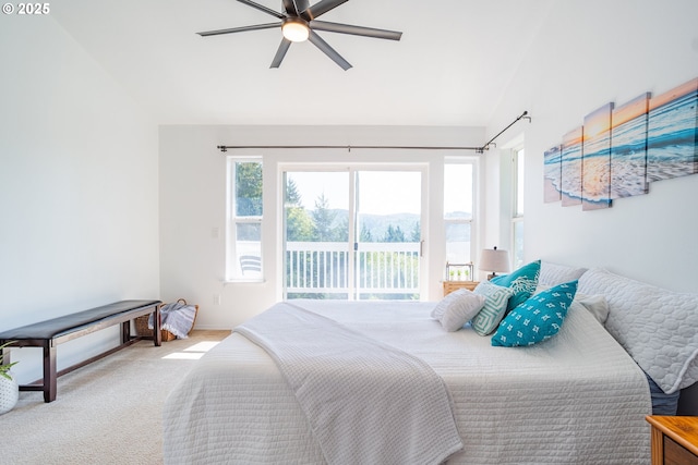 42810 NE 244th Ave, Amboy, WA 98601 - bedroom featuring vaulted ceiling, carpet flooring, access to outside, and a ceiling fan