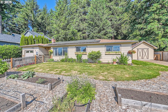190 SE Shafford St, Estacada, OR 97023 - single story home with a garden, solar panels, a storage shed, a garage, and a chimney