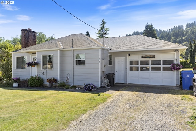 12275 SE School Ave, Boring, OR 97009 - single story home featuring driveway, a chimney, a garage, a front lawn, and roof with shingles