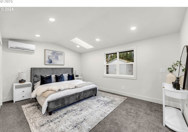 carpeted bedroom with a wall unit AC and lofted ceiling with skylight