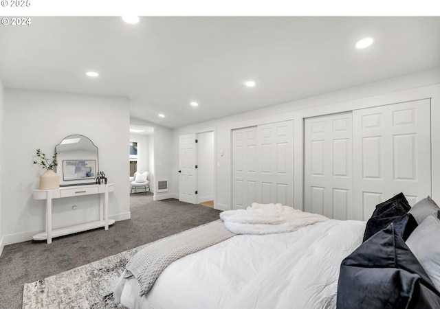 carpeted bedroom with vaulted ceiling and multiple closets