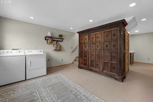 1209 N Prom, Seaside, OR 97138 - washroom featuring separate washer and dryer, carpet flooring, baseboards, recessed lighting, and cabinet space