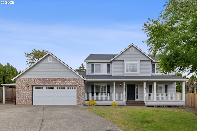 19338 Inishbride Ct, Oregon City, OR 97045 - view of front of home featuring a garage, a porch, concrete driveway, and brick siding