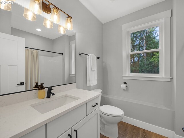 37330 Labiske Ln, Astoria, OR 97103 - bathroom with vanity, a shower with shower curtain, wood finished floors, toilet, and baseboards