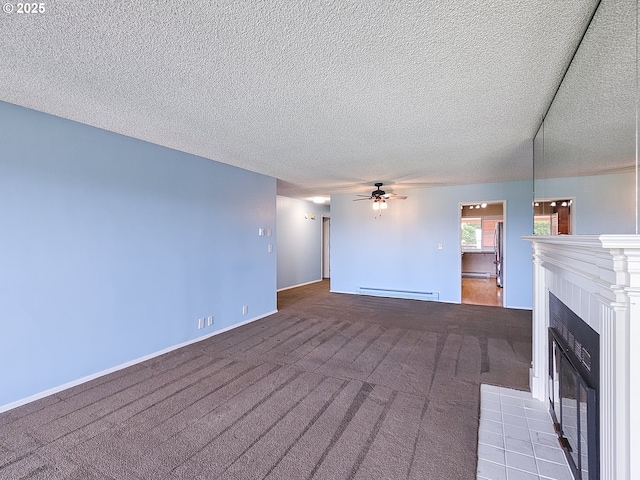 213 Oswego, Lake Oswego, OR 97035 - unfurnished living room with a baseboard heating unit, carpet, a textured ceiling, ceiling fan, and a fireplace