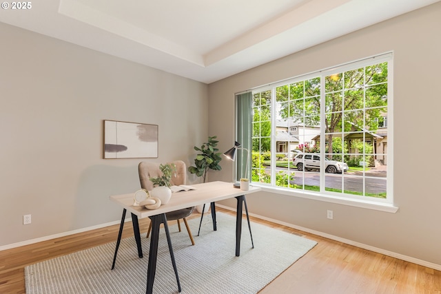 555 NE 58th Ave, Hillsboro, OR 97124 - office featuring baseboards, wood finished floors, and a tray ceiling