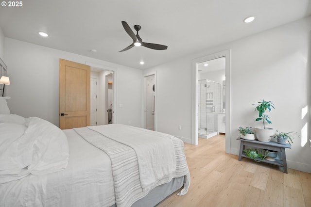 305 Fir Rd, Ariel, WA 98603 - bedroom with recessed lighting, light wood-style flooring, ceiling fan, baseboards, and ensuite bath