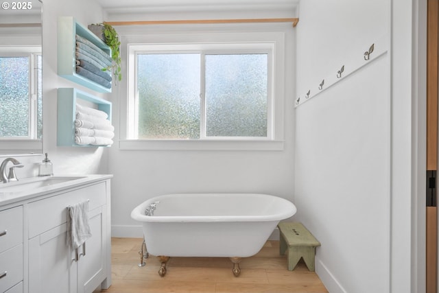 305 Fir Rd, Ariel, WA 98603 - bathroom featuring vanity, a freestanding bath, and wood finished floors