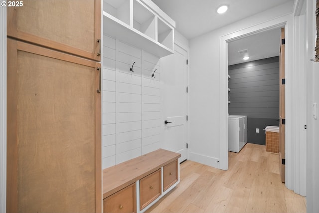 305 Fir Rd, Ariel, WA 98603 - mudroom featuring washer / clothes dryer, light wood finished floors, and recessed lighting