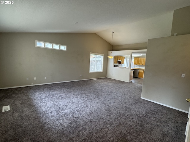 unfurnished living room with visible vents, baseboards, dark carpet, and lofted ceiling