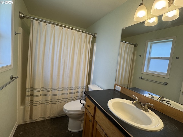full bath with shower / tub combo, an inviting chandelier, toilet, vanity, and tile patterned floors