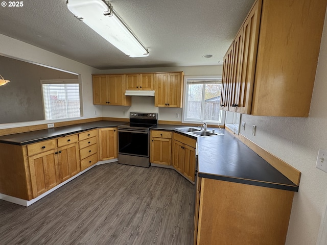 kitchen featuring stainless steel range with electric stovetop, dark countertops, a peninsula, under cabinet range hood, and dark wood-type flooring