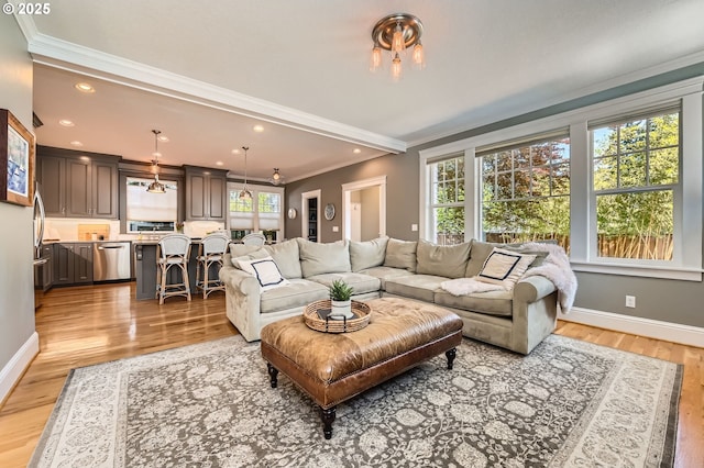 living room with baseboards, ornamental molding, a wealth of natural light, and light wood-style floors