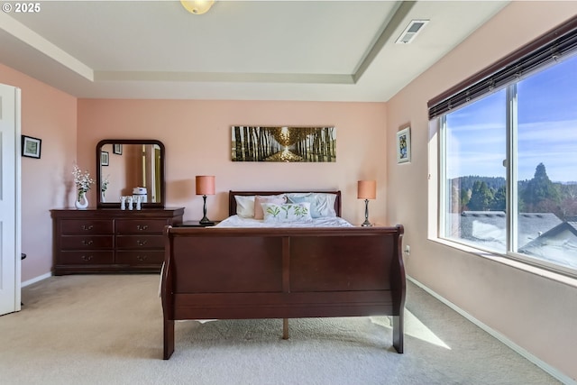 bedroom with light colored carpet, baseboards, and a raised ceiling