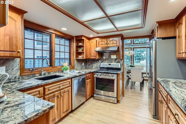 kitchen featuring sink, stone counters, light hardwood / wood-style floors, backsplash, and appliances with stainless steel finishes