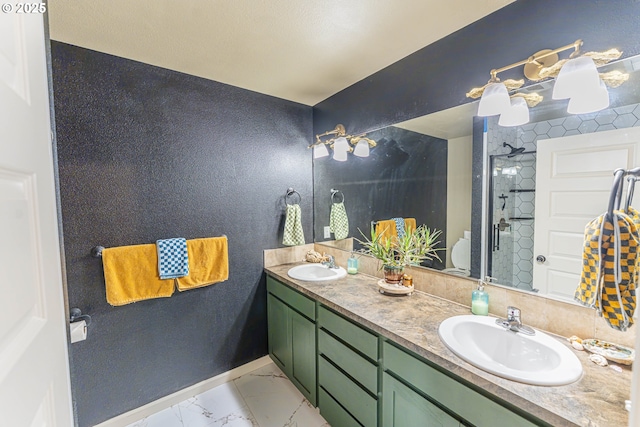 9511 NE 73rd St, Vancouver, WA 98662 - full bath with double vanity, a tile shower, and marble look tile flooring