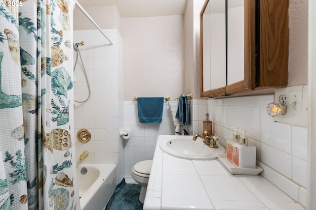 full bathroom with toilet, vanity, shower / bathtub combination with curtain, and tile walls